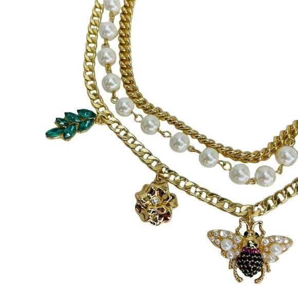 Thalia Sodi Gold Tone Crystal & Imitation Pearl Charm Layer Necklace 16”+3” - Picture 4 of 8